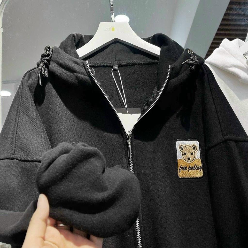 Áo khoác hoodie dây kéo Thêu Hình Gấu Ulzzang Form Rộng Tay Bo Chất Vải Nỉ Ngoại Mềm Mịn Chống nắng