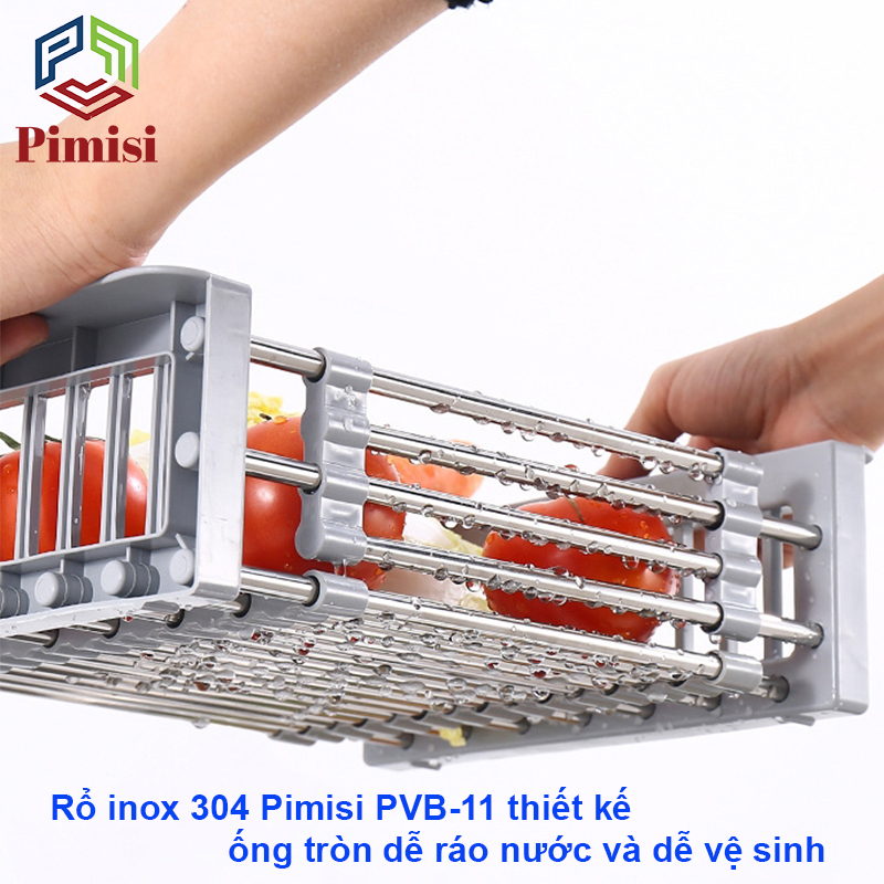 Kệ Inox Gác Bồn Rửa Chén Pimisi PRR-11 Với Tay Cầm Bằng Nhựa Và Khay Inox 304 Thiết Kế Hình Chữ Nhật, Góc Vuông Được Bo Tròn Và Rổ Kéo Điều Chỉnh Độ Dài Co Giản Để Úp Bát Đĩa - Rau Củ Quả Phù Hợp Với Nhiều Chậu Rửa Bát Trong Nhà Bếp | Hàng Chính Hãng