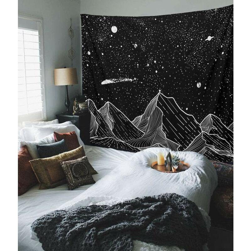 Núi Moon Tapestry Tường treo các ngôi sao nghệ thuật đen trắng trong phòng ngủ nhà