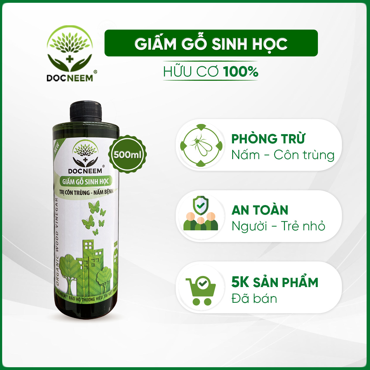 Giấm Gỗ Sinh Học DOCNEEM xua đuổi côn trùng sâu bệnh, trị nấm, bọ trĩ, nhện, rệp, dạng hữu cơ an toàn tuyệt đối, chai dạng phun, dung tích 500ml, chính hãng thương hiệu DOCNEEM