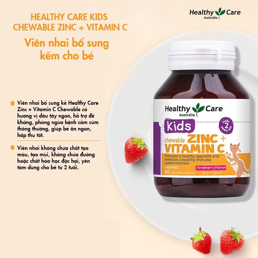 Kẽm cho bé Úc Healthy Care Kids Chewable Zinc + Vitamin C Hỗ trợ tăng trưởng, phát triển sức khỏe và hệ thống miễn dịch cho trẻ - QuaTangMe Extaste