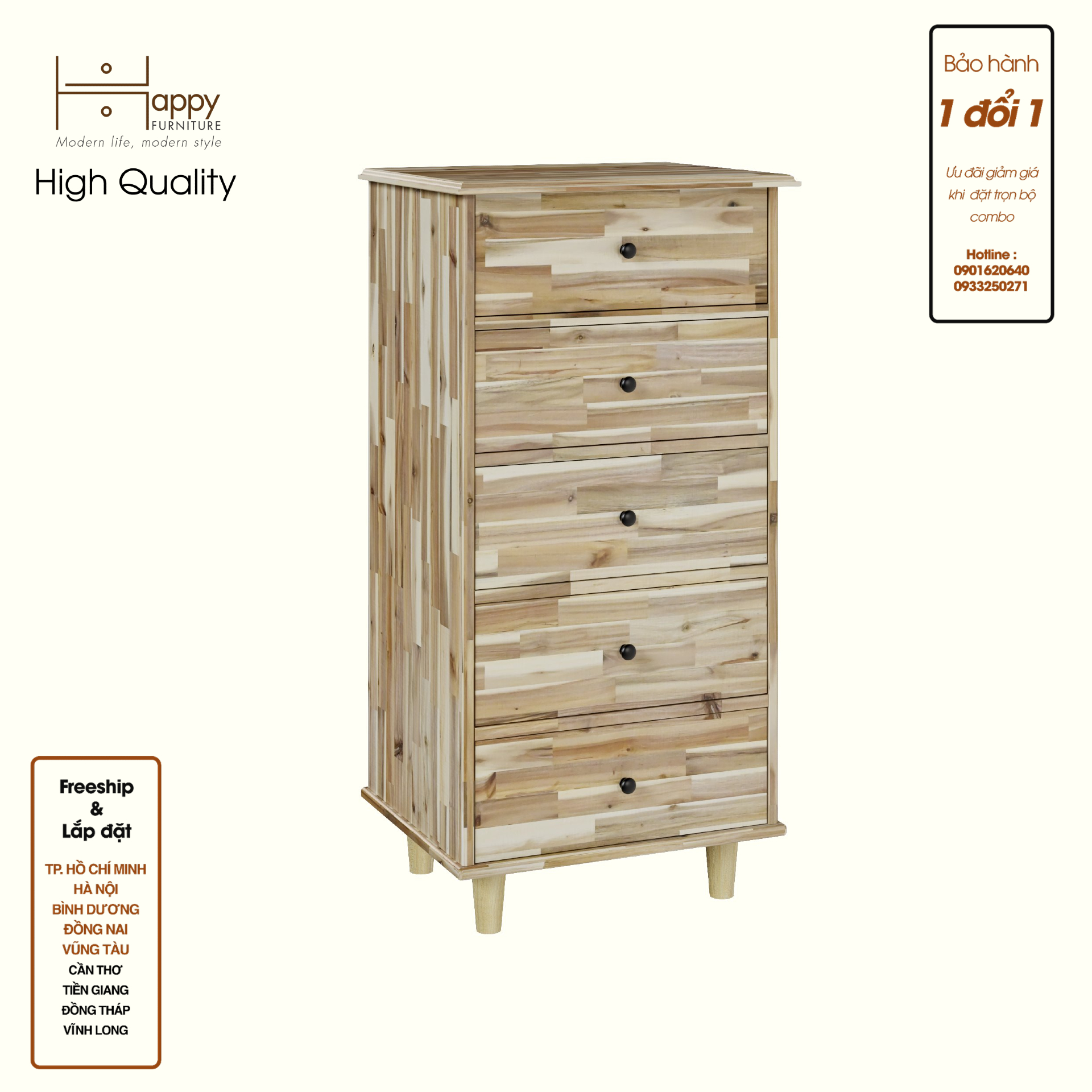 Hình ảnh HAPPY FURNITURE , Gỗ tự nhiên , Tủ lưu trữ 5 ngăn kéo - FARAH , THK_180 , 55cm x 45cm x 110cm