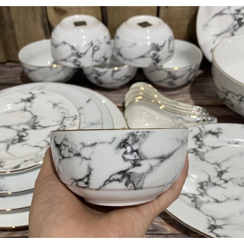 Bộ bát đĩa sứ, bộ đồ ăn Bát Tràng viền vàng , vân đá (19 sản phẩm) giá 1tr2 - Gốm sứ Huấn Hải
