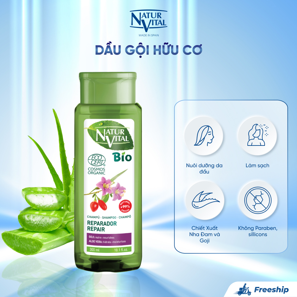 Dầu Gội Hữu Cơ NaturVital Ecocert Repairing Thuần Chay Chiết Xuất Nha Đam, Giúp Phục Hồi, Tăng Cường & Bảo Vệ Điều Kiện Cân Bằng Của Tóc