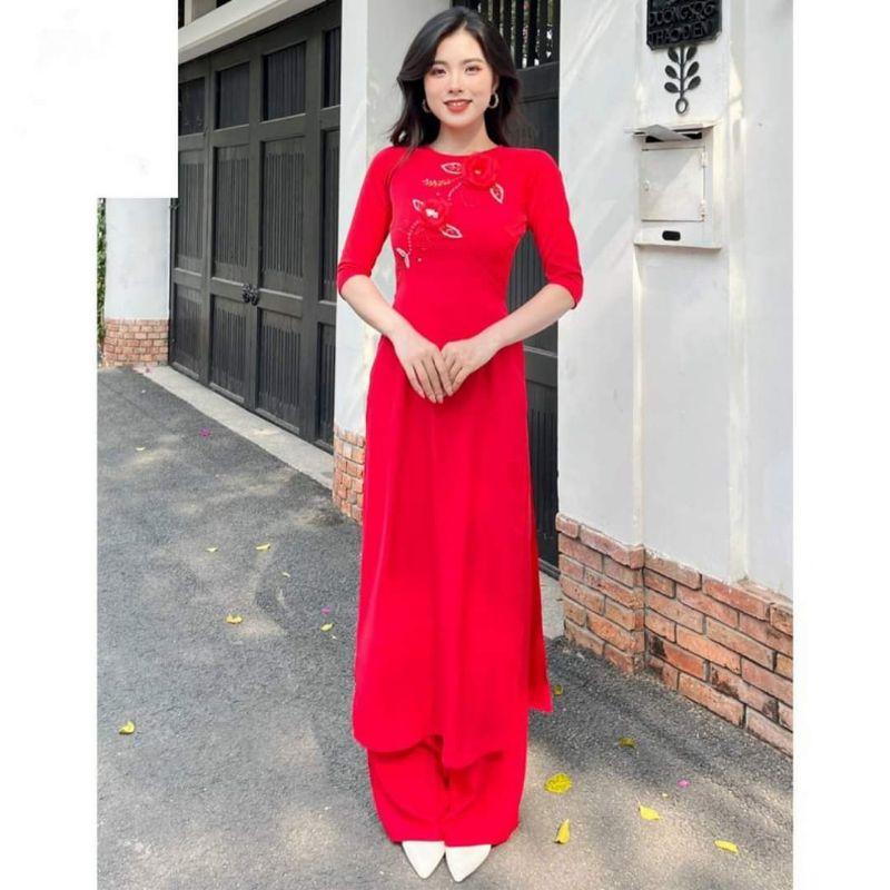 SÉT ÁO DÀI LỤA TRUYỀN THỐNG TAY PHỒNG KẾT HOA XINH XẮN