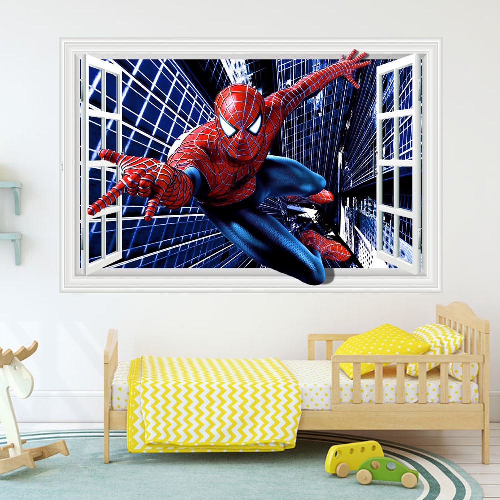 Decal trang trí tường - Cửa sổ 3D người nhện đỏ