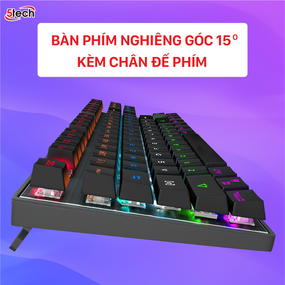 Bàn phím cơ gaming 5TECH Led RGB 10 chế độ nháy cực đẹp, chơi game gõ siêu đã, thiết kế nhỏ gọn dùng cho máy tính, laptop hàng chính hãng