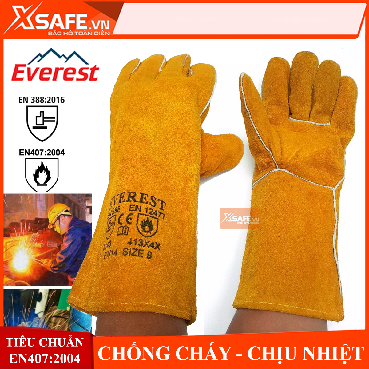 Găng tay hàn Everest EW14 Bao tay hàn da lộn, chống cháy, chịu nhiệt/tia lửa văng bắn, lớp lót chống hầm bí