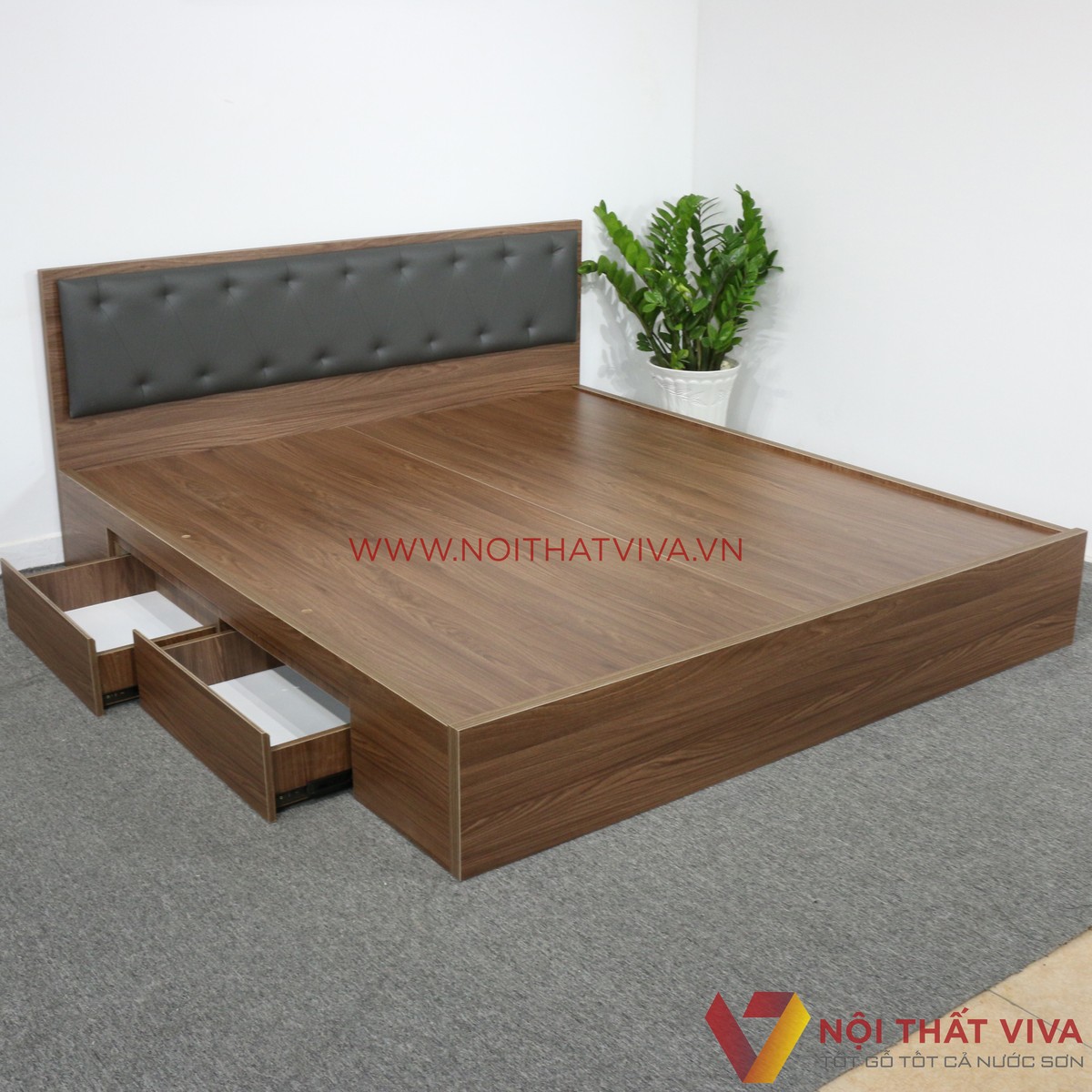 Giường Ngủ Gỗ MDF Phủ Melamine Bọc Nệm Xanh Đậm Có Ngăn Kéo Màu Óc Chó