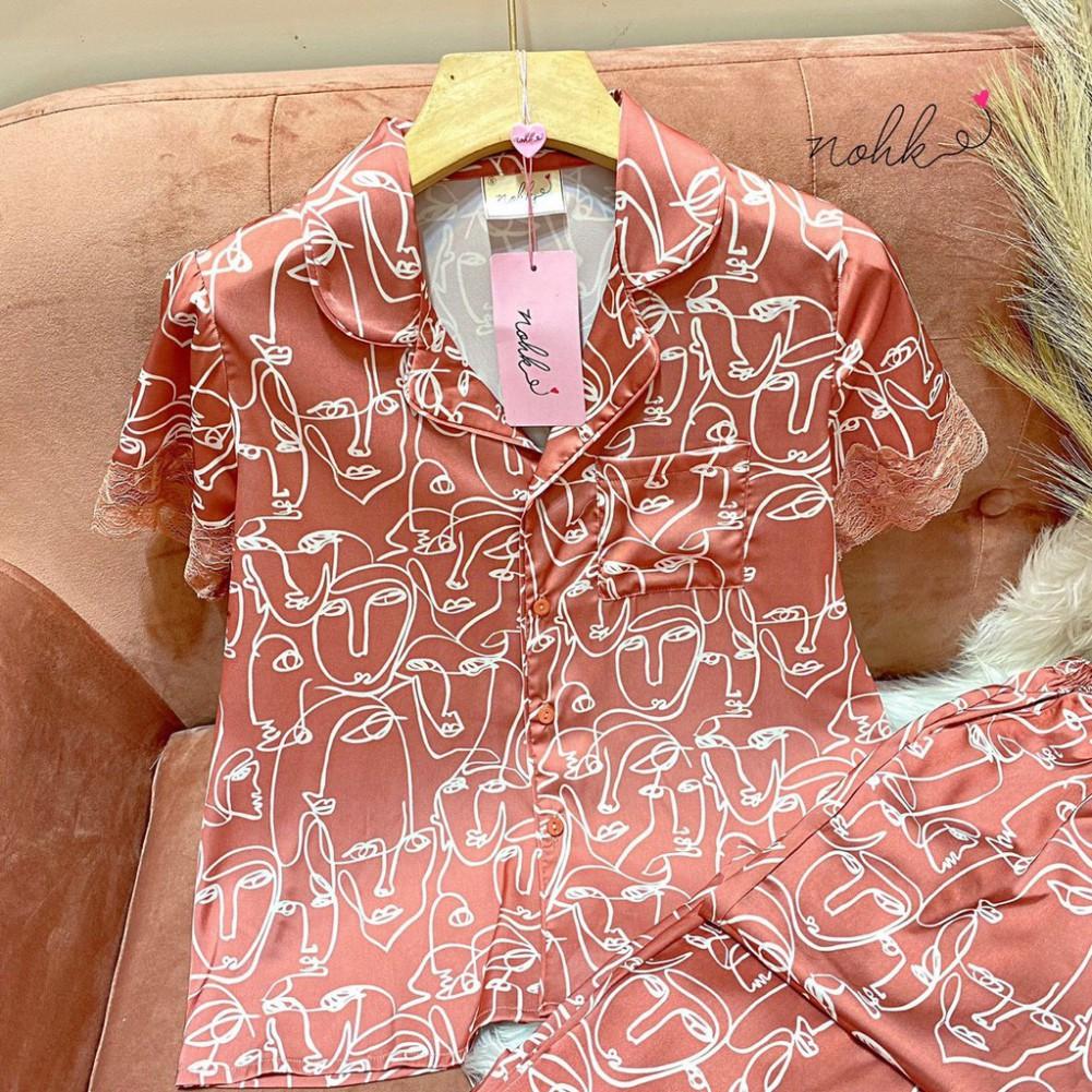 Bộ ngủ Pijama lụa họa tiết mặt người cộc tay cao cấp NOHK