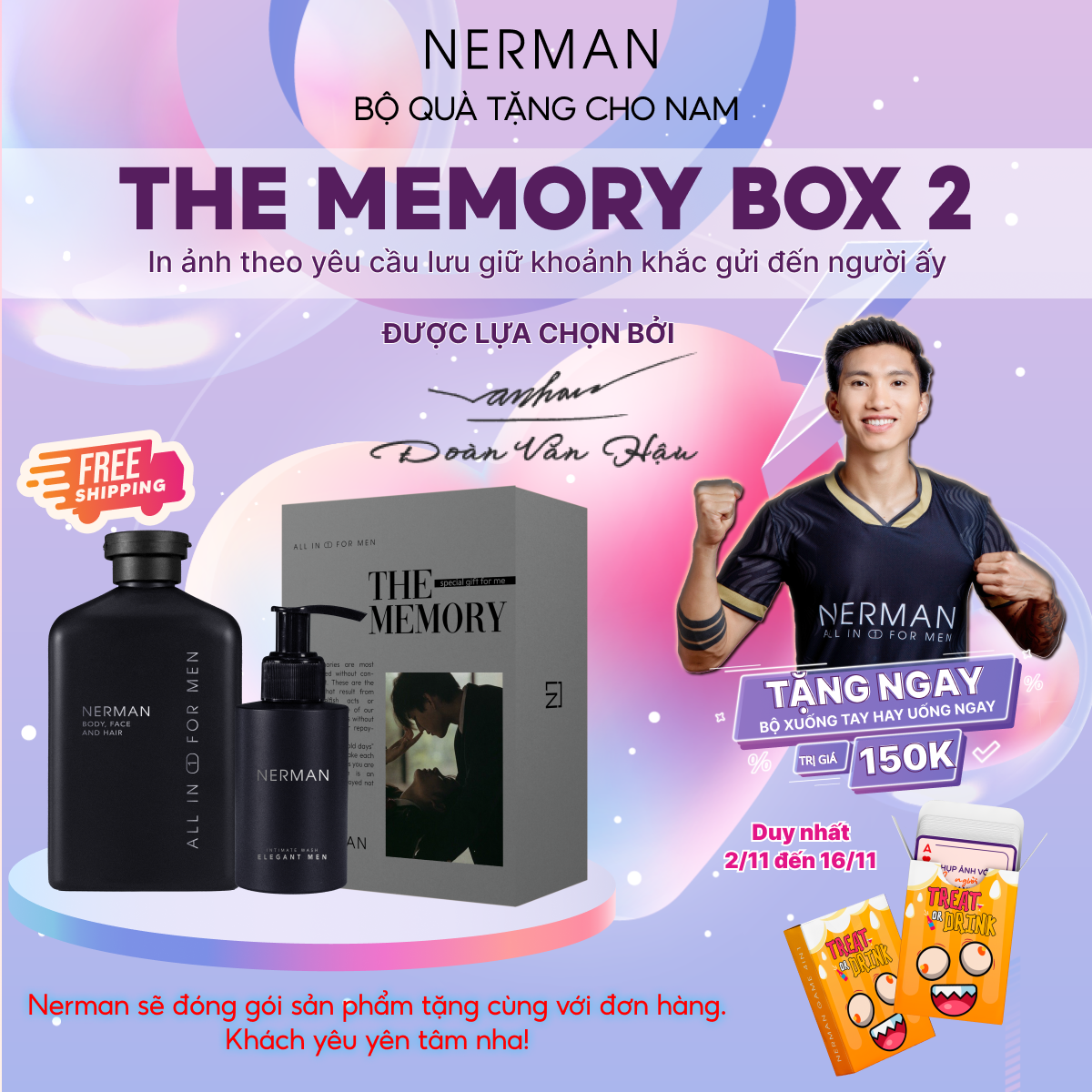 Bộ quà tặng nam giới in ảnh yêu thương THE MEMORY BOX Nerman-Sữa tắm gội 350ml&Gel vệ sinh nam 100ml&Gel rửa mặt 100ml