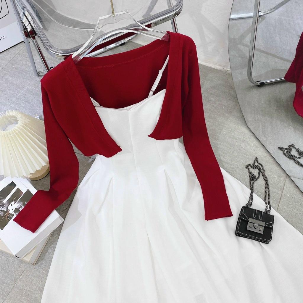 Set đầm midi 2 dây trắng xòe phồng kèm áo khoác croptop đỏ dài tay dự tiệc chơi noel du xuân đón tết Thảo xinh shop