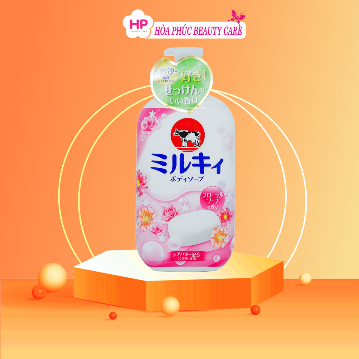 Sữa Tắm Dưỡng Trắng Mịn Da Hương Hoa Hồng Cow Milky Body Soap Floria Chiết Xuất Sữa Bò Tươi 550ml