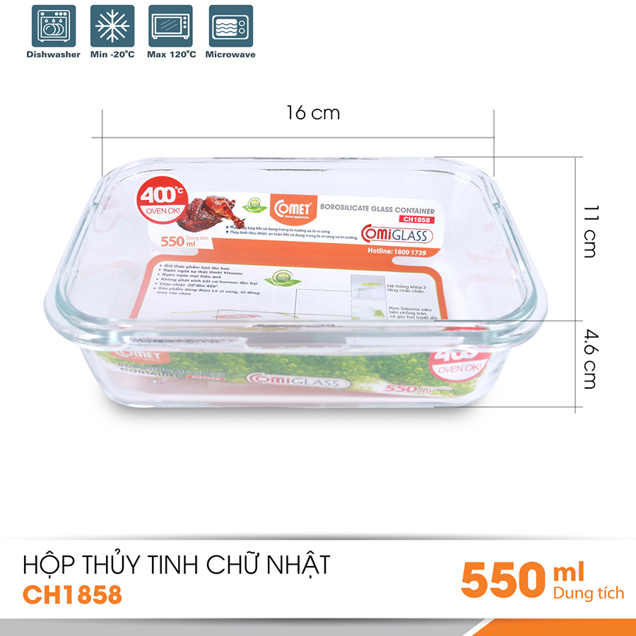 Bộ 3 hộp đựng thuỷ tinh hình chữ nhật Comet CH1858 – 550ml