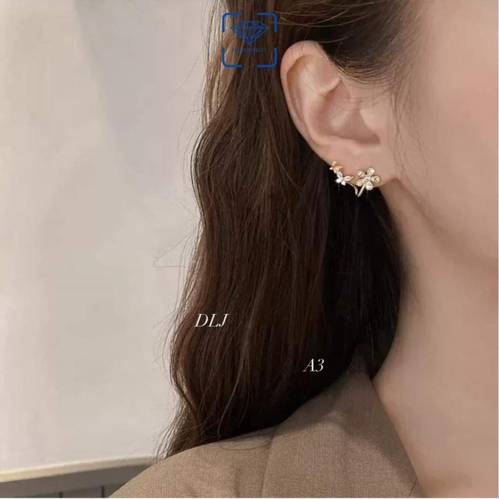 Bông tai ôm vành hình hoa và cánh bướm bạc xi vàng đính đá trẻ trung, Anchi jewelry