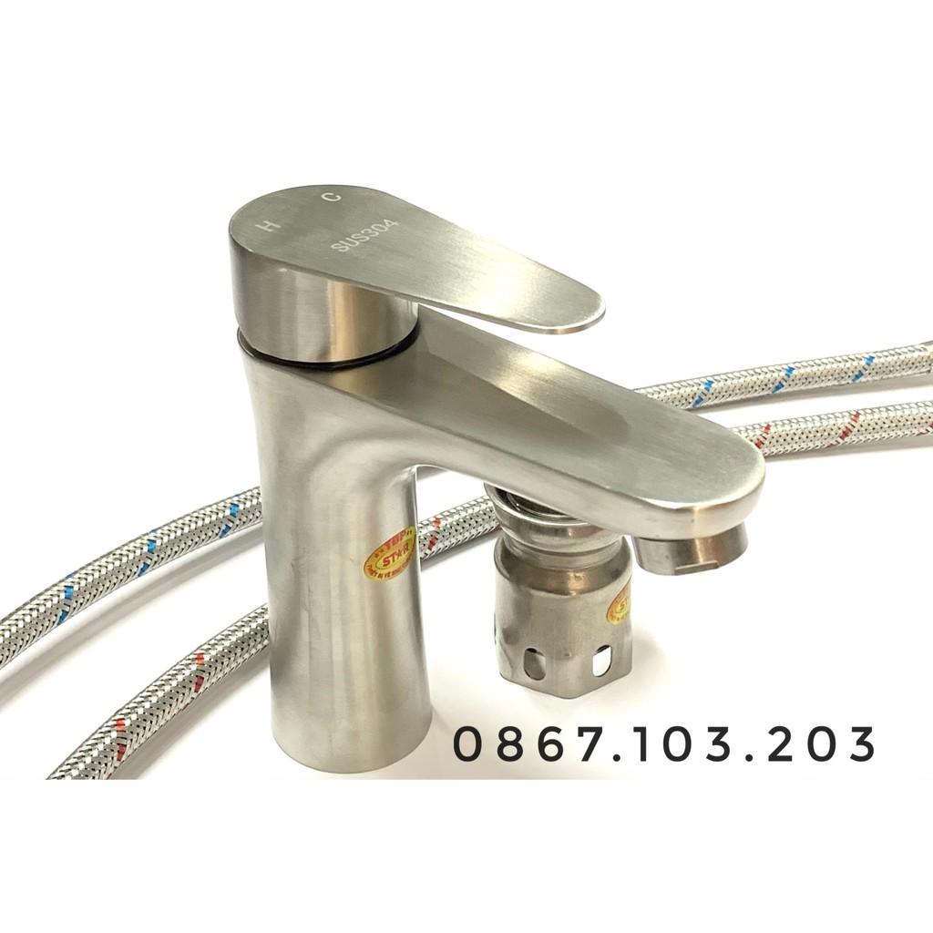 Vòi Lavabo Rửa Mặt Nóng Lạnh Thân Tròn Inox 304