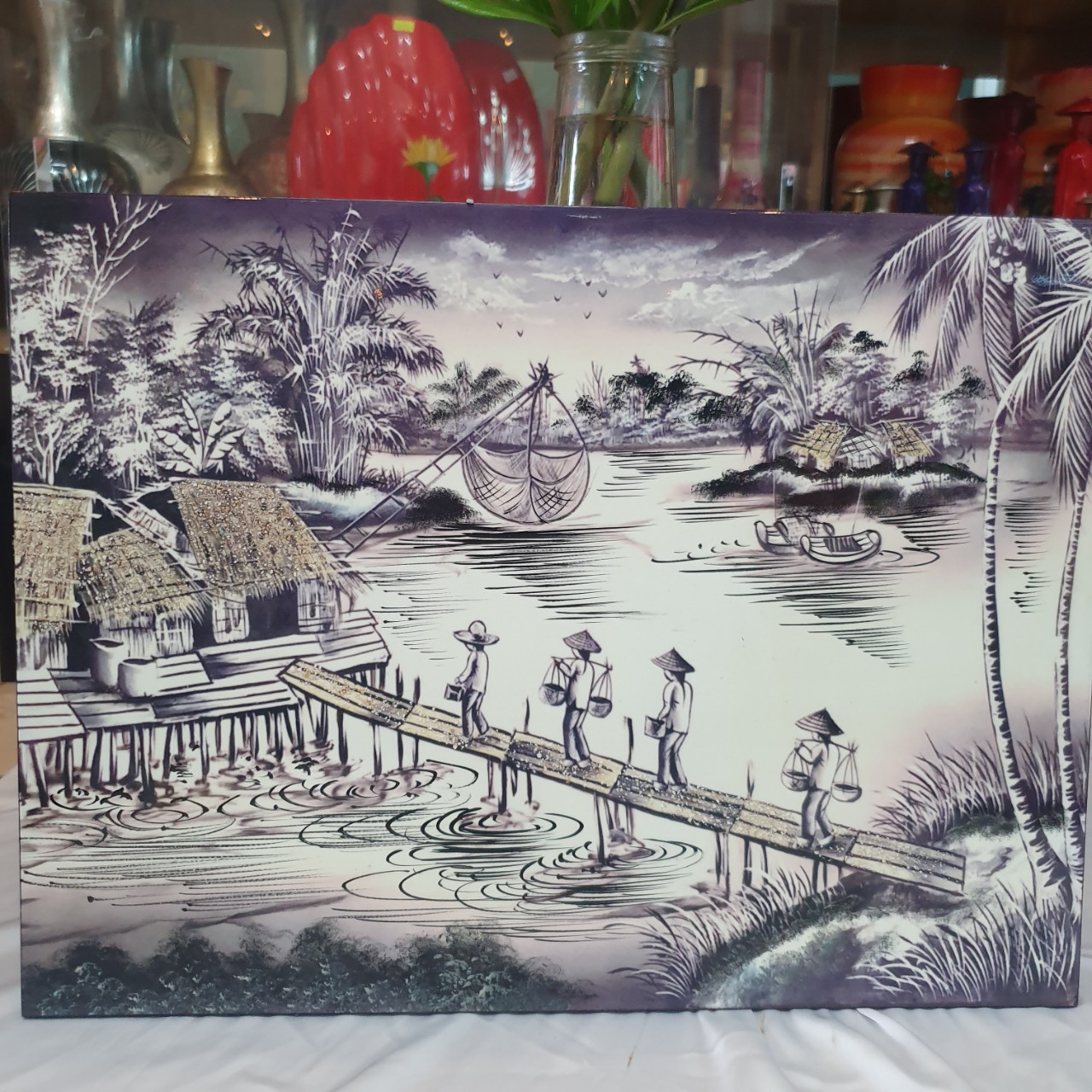 Tranh sơn mài đồng quê vẽ màu đẹp Thanh Bình Lê, hàng xuất khẩu 30x40 cm