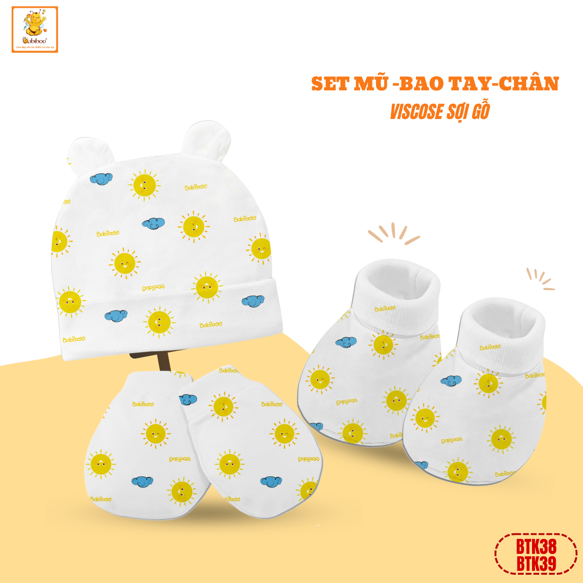 Set mũ, bao tay,bao chân cho bé Babiboo chất liệu viscose họa tiết xinh xắn, mềm mại BTK38 +BTK39