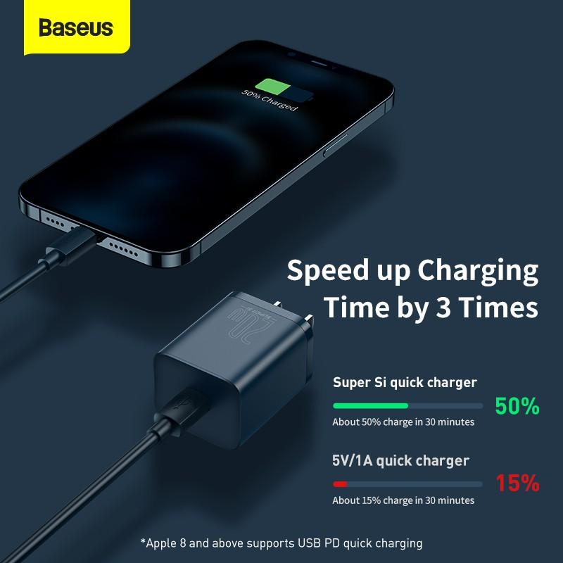 Bộ Cốc Cáp Sạc Nhanh Baseus Super Si Mini Usb C Qc3.0 Pd 20w Cho Điện Thoại iPhone 12 - Hàng Chính Hãng