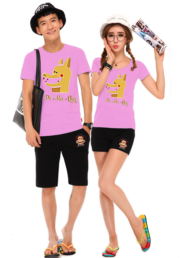Bộ Áo Thun Đôi Nam Nữ Pikalong Màu Hồng Phấn