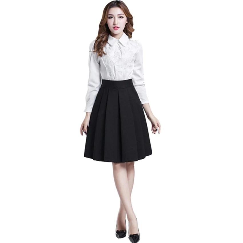 Chân váy ngắn đến ĐẦU GỐI XẾP LY (ĐEN