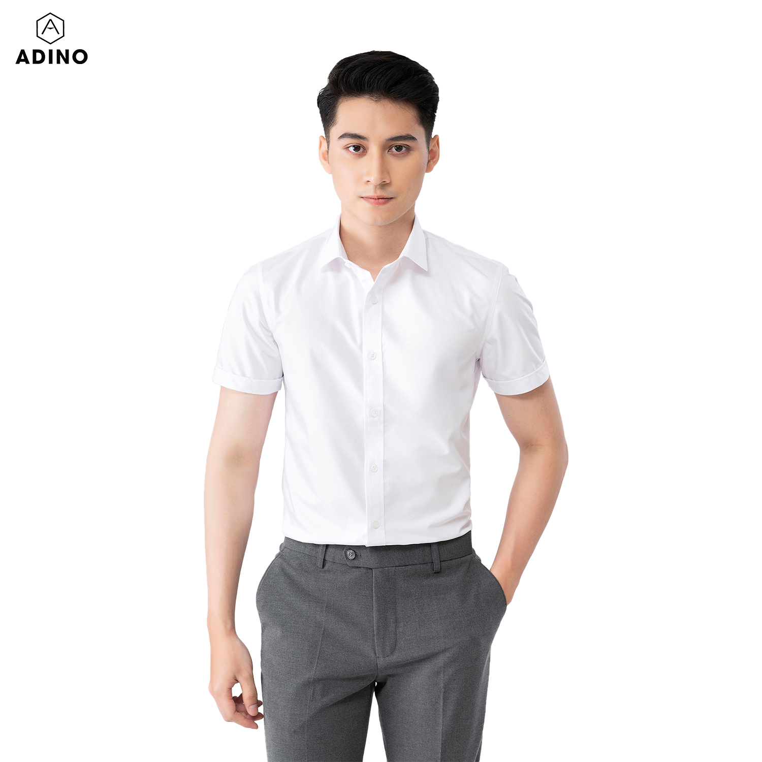 Áo sơ mi nam tay ngắn ADINO màu trắng tinh vải sợi sồi modal dáng slimfit trẻ trung CT102