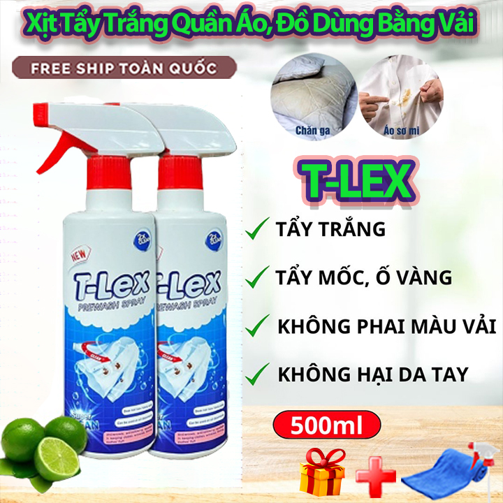 Chai Tẩy Trắng Quần Áo T-LEX 500ml, Tẩy Mốc, Ố Vàng, Không Phai Màu - Dùng Cả Vải Trắng, Màu [Tặng Viên Tẩy] 