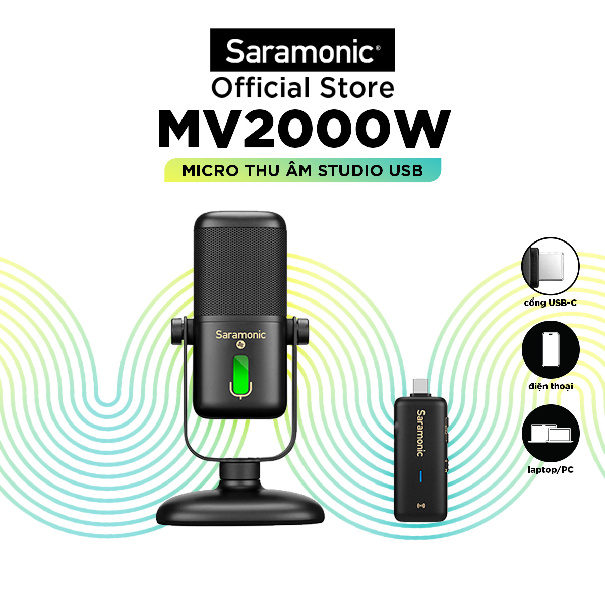 Micro Thu Âm Để Bàn Saramonic MV2000W Cho Điện Thoại/ PC / Laptop - Kết Nối USB Không Dây - Hàng Chính Hãng