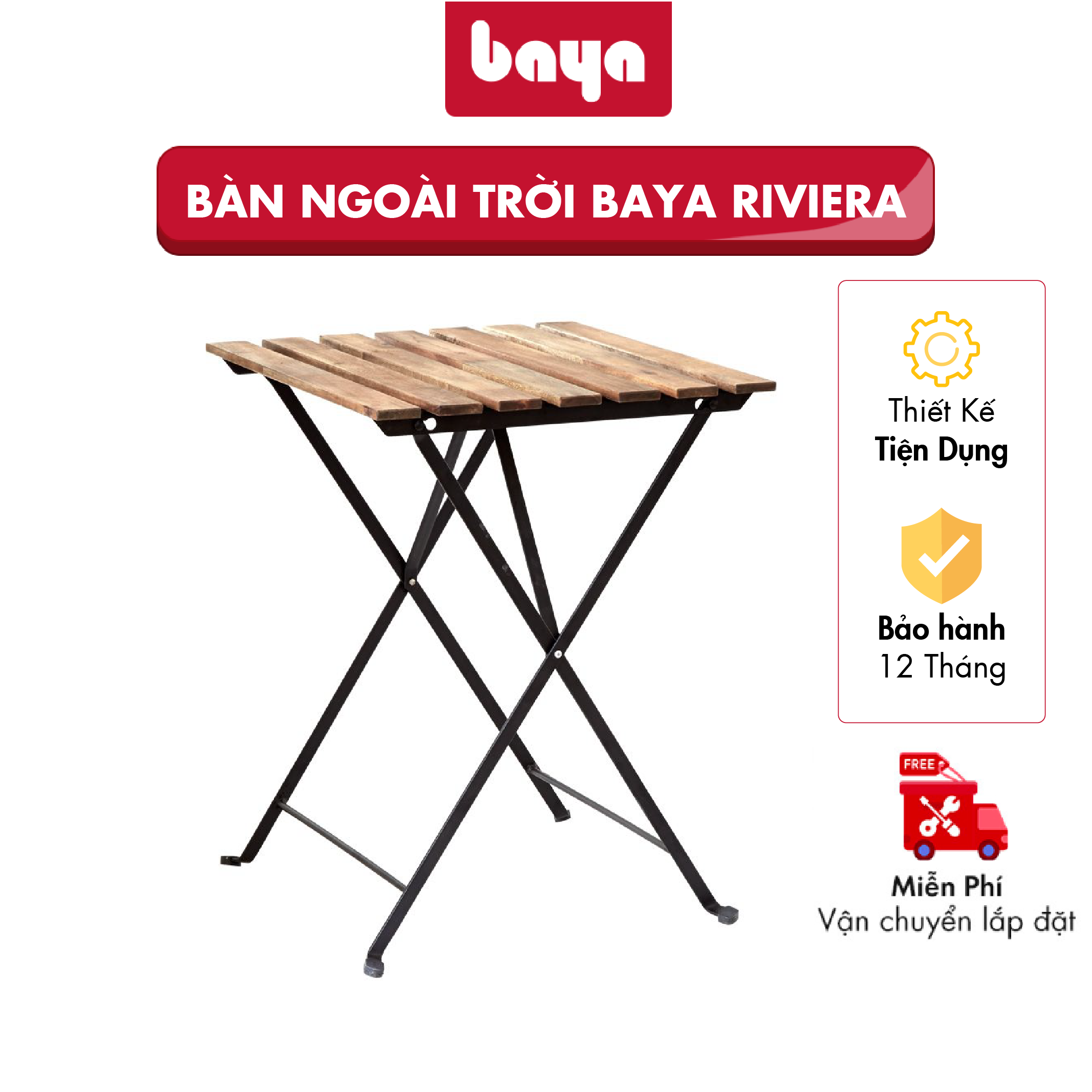 Bàn Ngoài Trời Sân Vườn BAYA RIVIERA Thiết Kế Đơn Giản Với Khung Kim Loại Bền Bỉ Có Thể Gấp Gọn Dễ Di Chuyển, Mặt Bàn Bằng Gỗ Keo Độ Bền Cao 1098716