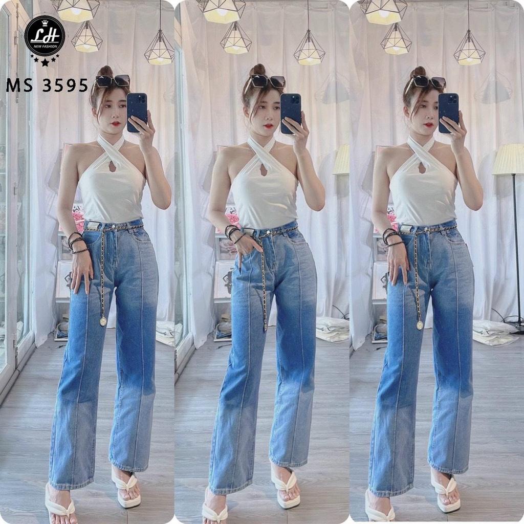 Quần jean nữ ống rộng, quần bò màu xanh loang xen kẻ  lưng cao có team đọc lạ Lê Huy Fashion MS 3595