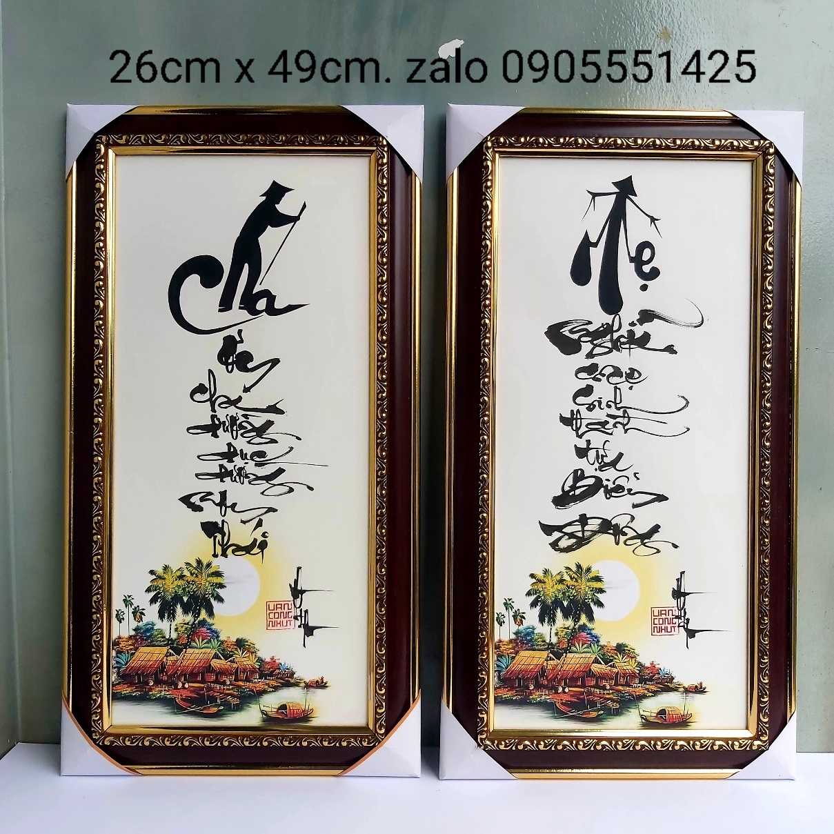 Cặp Tranh thư pháp cha mẹ 26cm x 49cm, khung kính đầy đủ. Quà tặng ông bà, bố mẹ.
