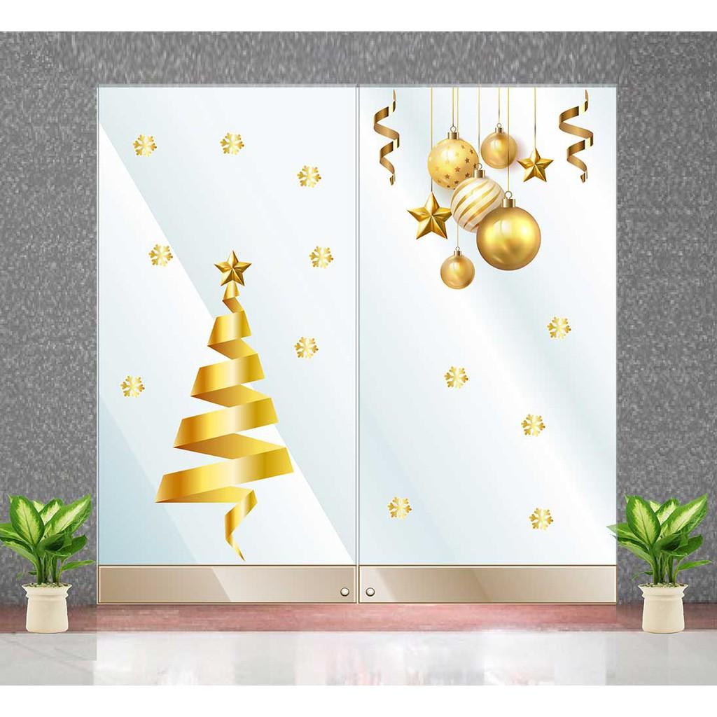 Decal trang trí noel quả châu và cây thông vàng
