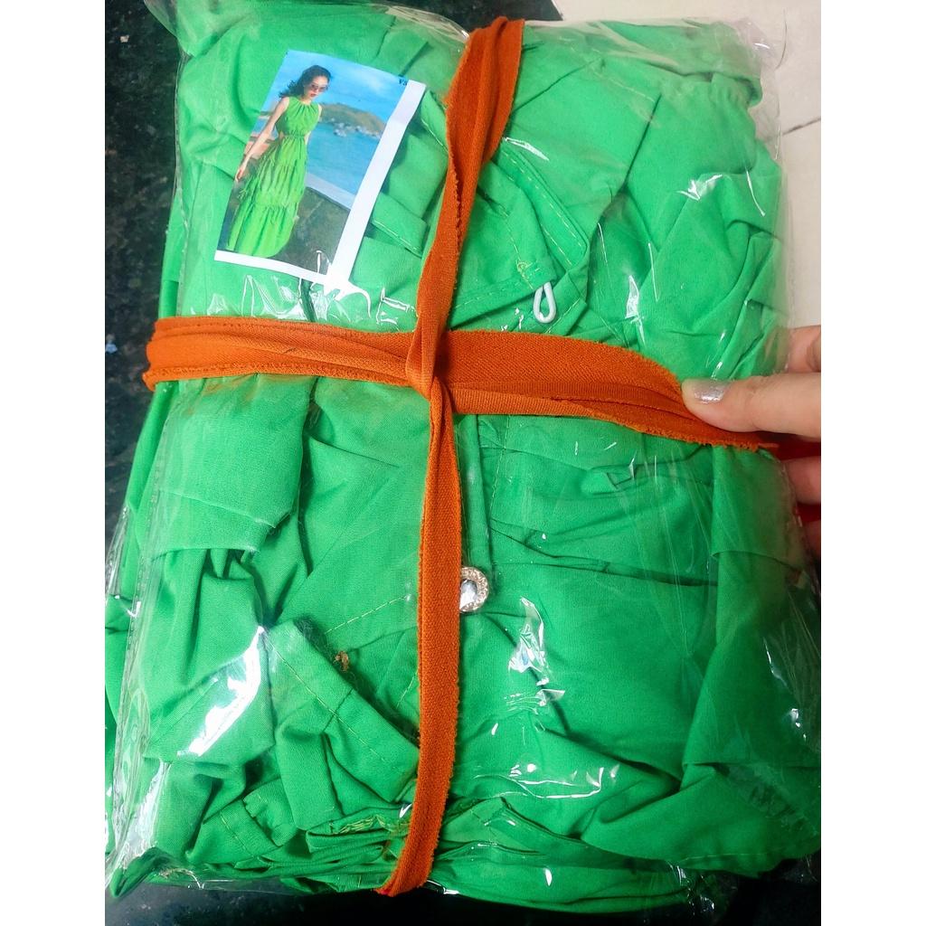 Đầm xanh lụa nhún bèo khoét eo cao cấp