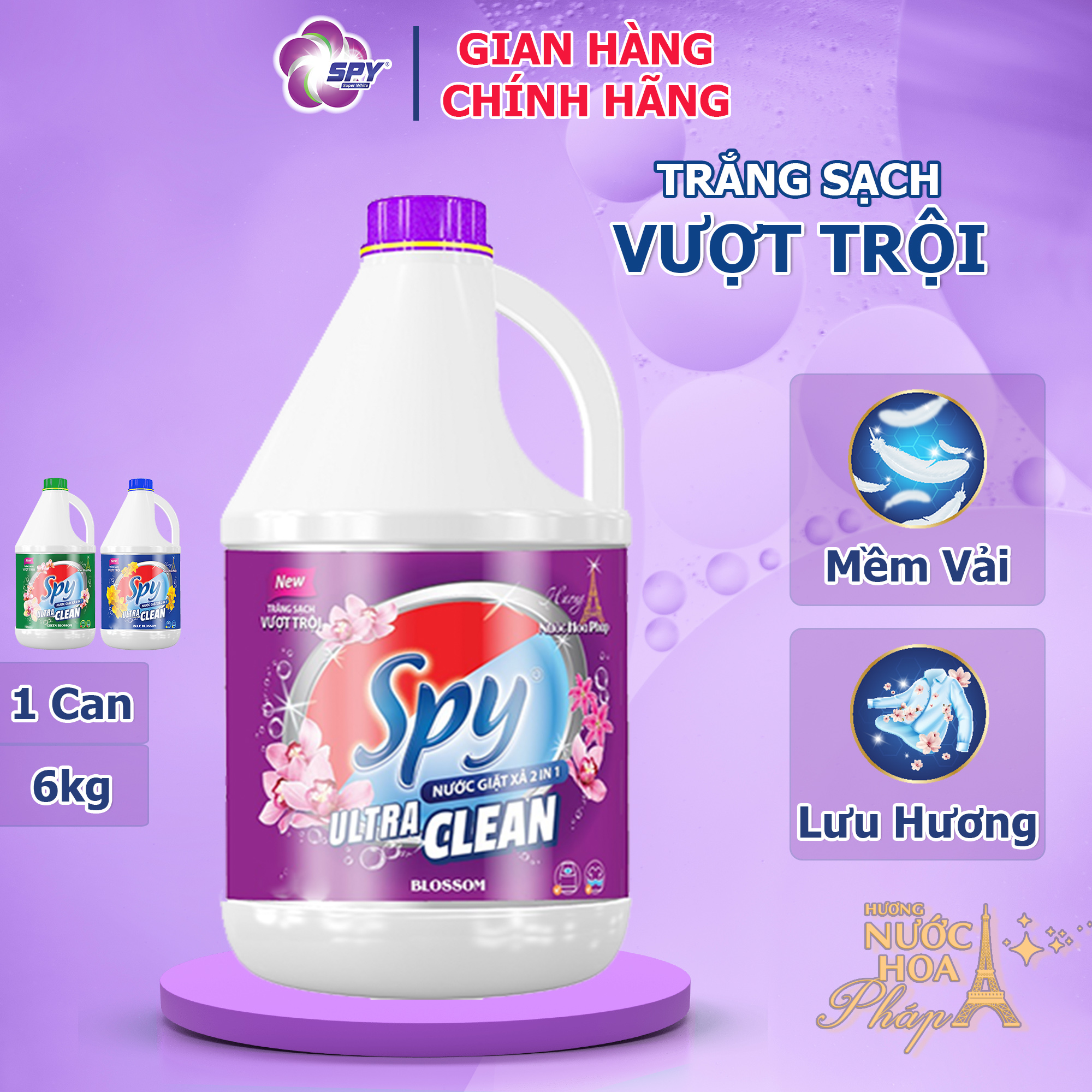 Hình ảnh Nước giặt xả SPY 6 lít màu TÍM 2 trong 1 hương hoa Pháp ULTRA CLEAN trắng sạch vượt trội