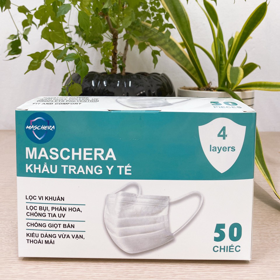 Khẩu trang y tế 4 lớp Maschera (giấy kháng khuẩn Việt Nam, Hàn Quốc) hộp 50 chiếc - Kháng khuẩn, ngăn khói bụi, ngăn ngừa tia UV