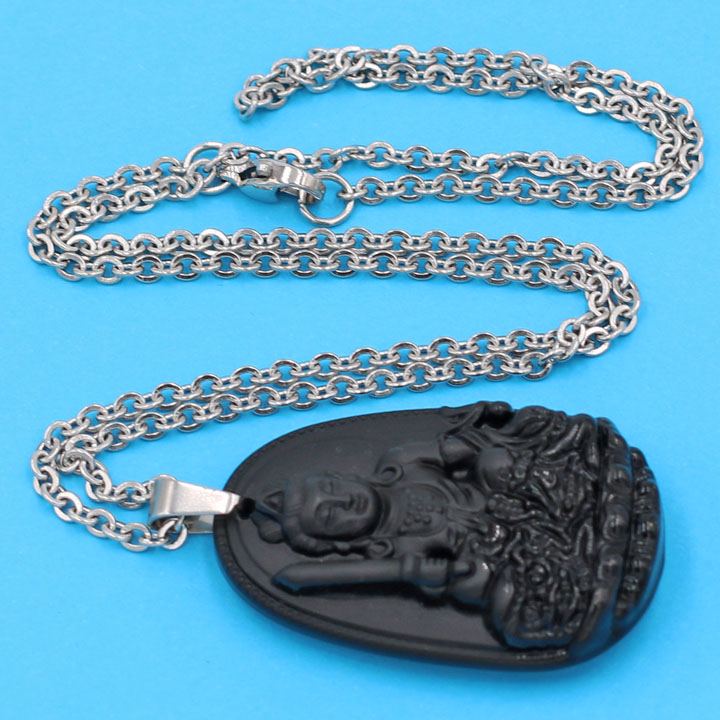 Vòng cổ phật Văn Thù Bồ Tát - thạch anh đen 3.6cm DITTEB3 - dây inox bạc - tuổi Mão