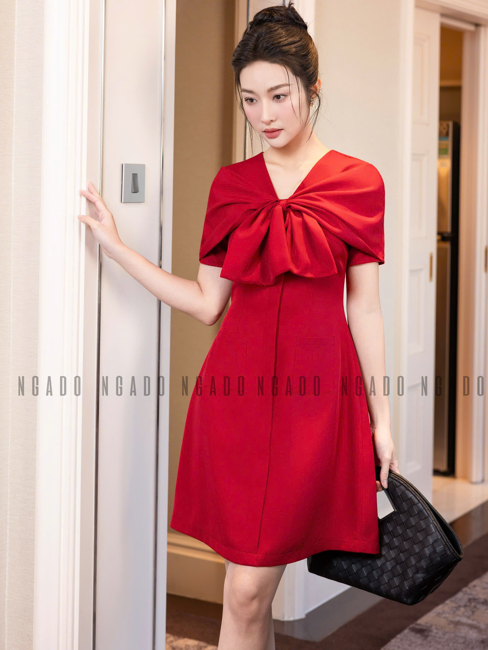 Đầm đỏ tay nơ NGADO , đầm đỏ , đầm kiểu Nữ , đầm dự tiệc , công sở