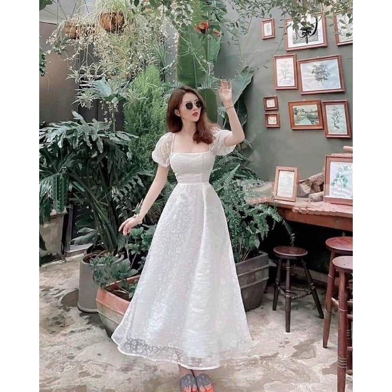 ĐẦM REN HOA TRẮNG DÁNG DÀI XÒE