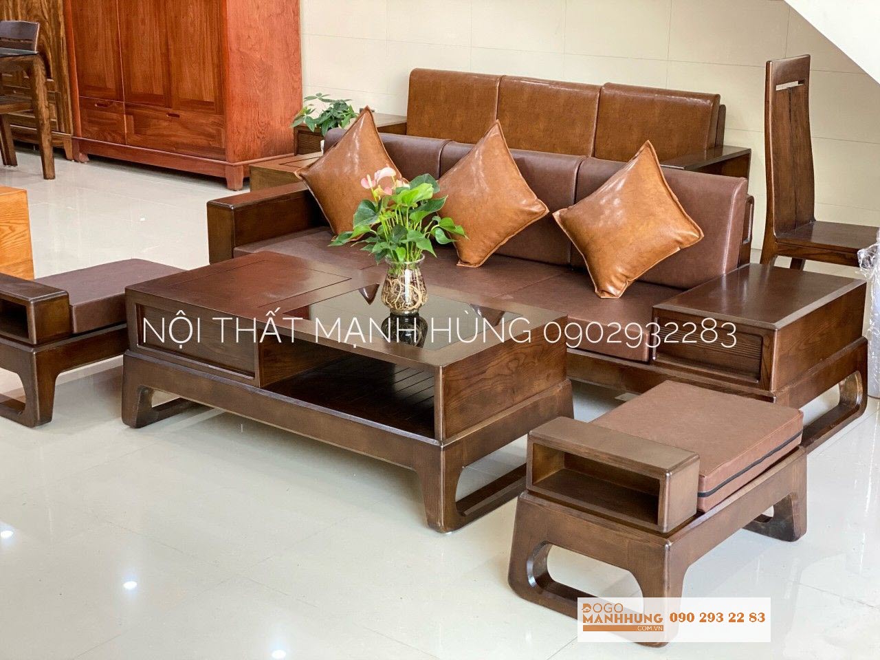 Sofa gỗ sồi chân quỳ mẫu 2 đôn - Ghế dài 2m35 , bàn 65x 1m20 (không nệm)