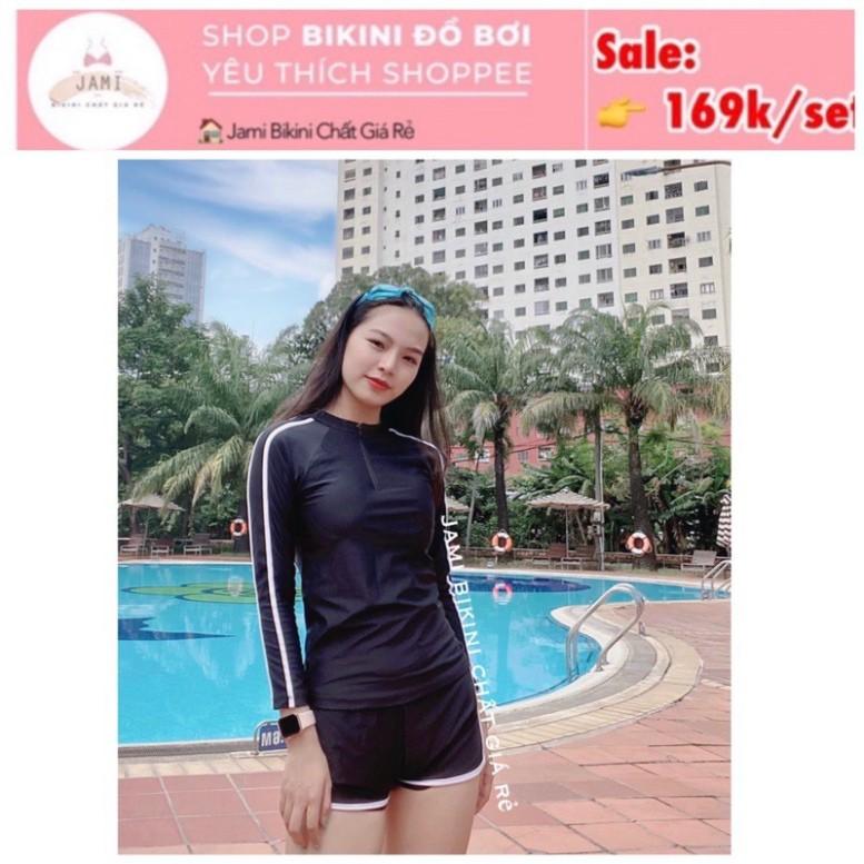 đồ bơi bikini tay dài đen quần đùi kín đáo dây kéo đi tắm biển học sinh