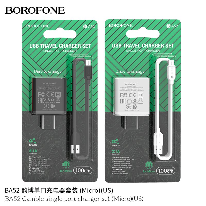 Bộ Cóc Cáp Sạc Borofone BA52 Cổng Micro - 1 Cổng USB 2.1A chuẩn US- Hàng  Nhập Khẩu ( Giao màu ngẫu nhiên)
