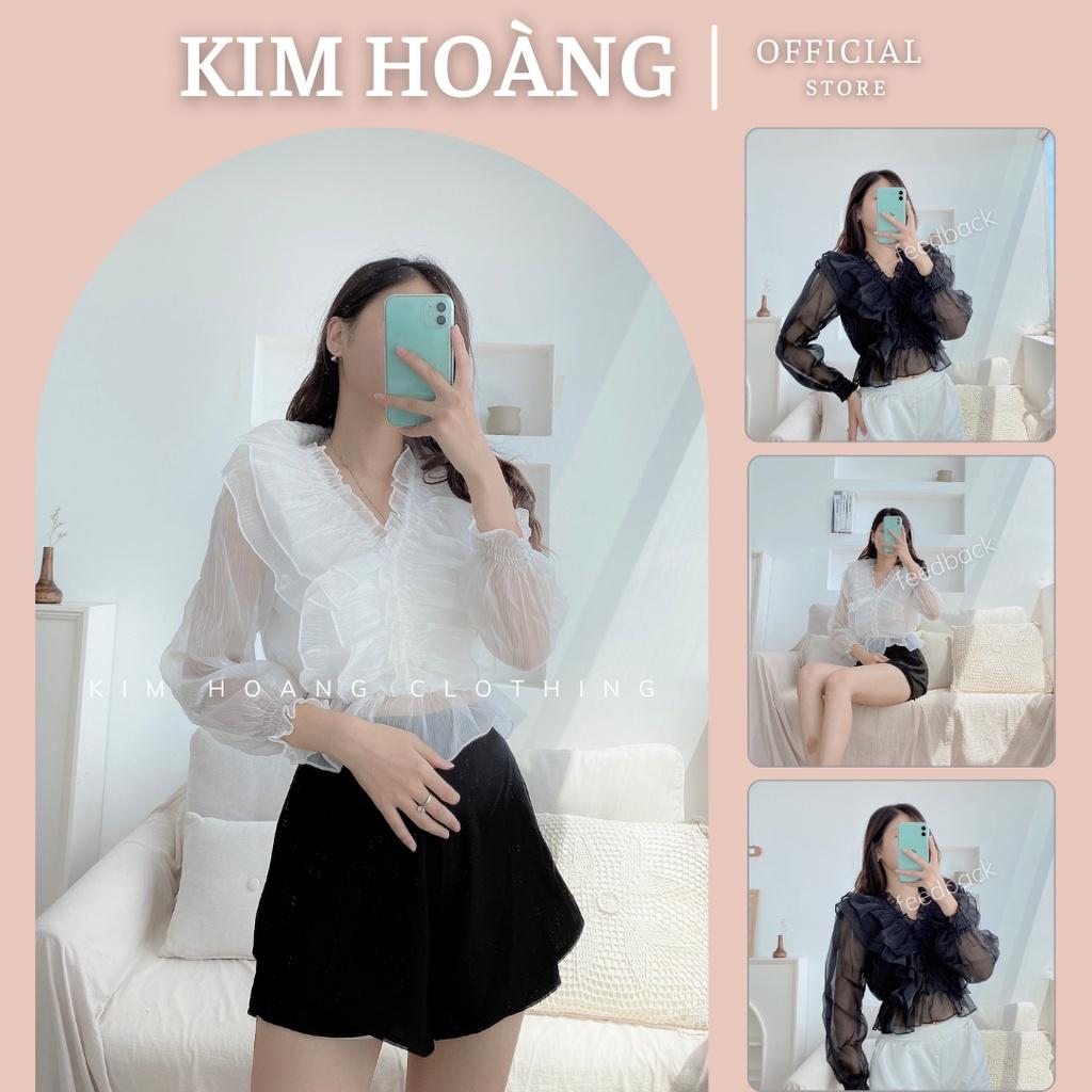 Áo sơ mi tiểu thư nữ croptop bèo nhún kiểu trễ vai tay bồng bánh bèo