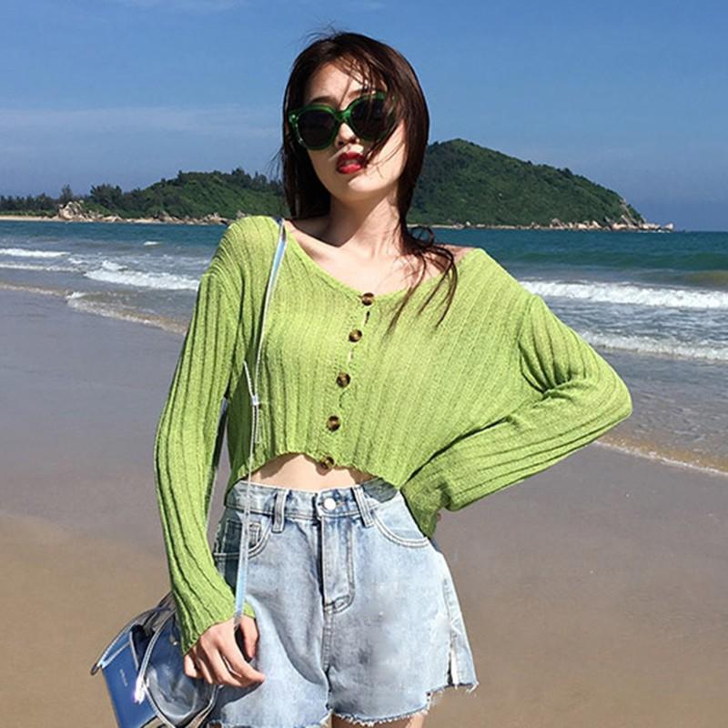 Áo Cardigan dệt kim mỏng tay dài cổ chữ V chống nắng