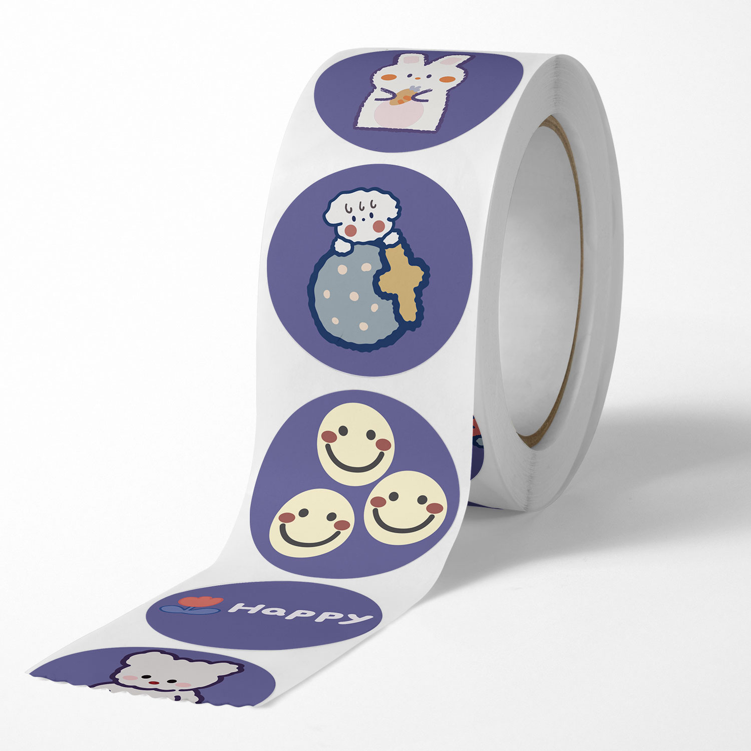 Cuộn 500 tem sticker trang trí gấu thỏ tím happy size 2.5cm có keo dính