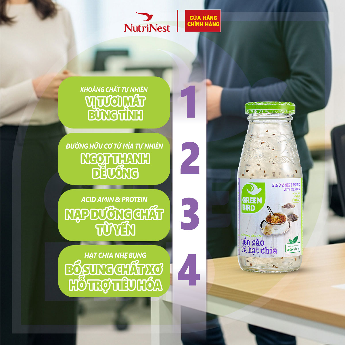 Nước Yến Và Hạt Chia Green Bird Thanh Mát Ngọt Nhẹ Chai 185ml