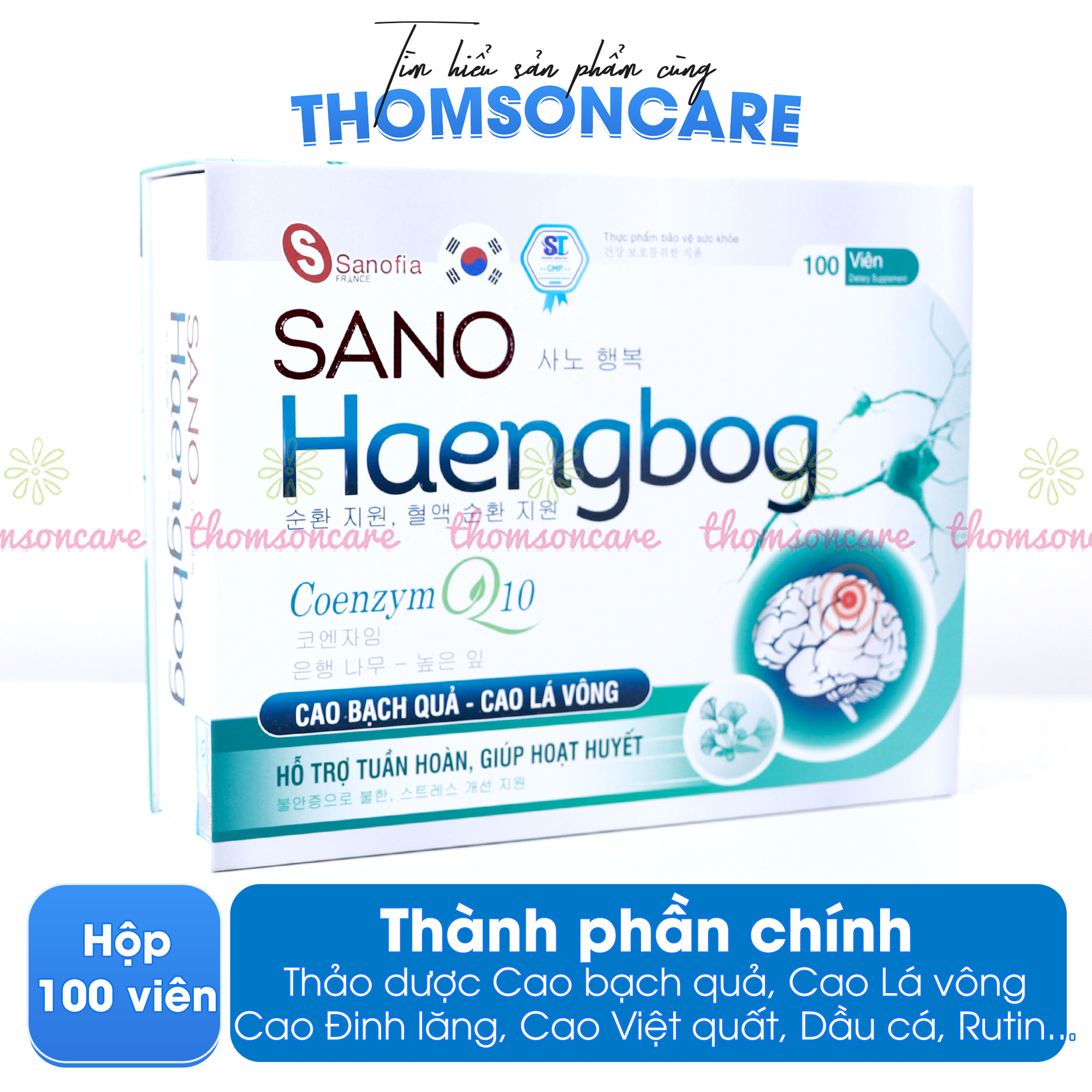 Hoạt huyết dưỡng não Sano Haengbog giúp tuần hoàn máu não, giảm căng thẳng, ngủ ngon giấc từ cao bạch quả - Hộp 100 viên Thomsoncare