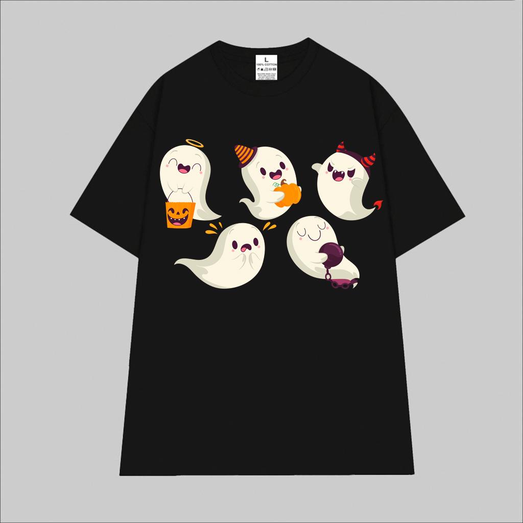 Cao cấp - Áo thun oversize Halloween 5 con ma vui nhộn Halloween shirt BND406 - Đen, Đen