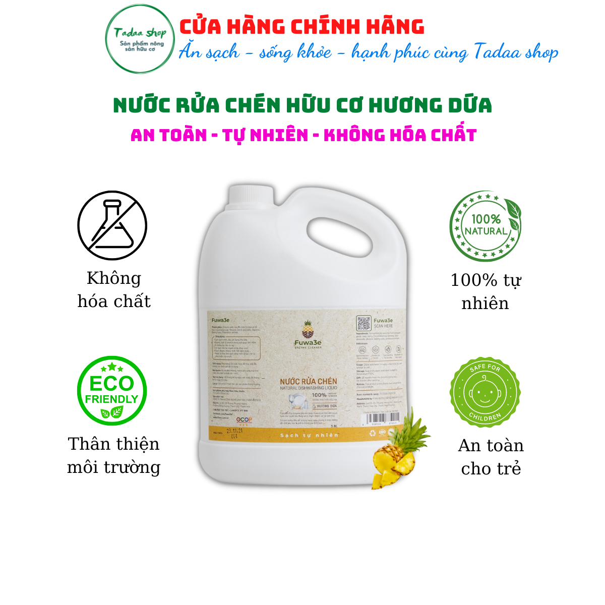 Nước rửa chén hữu cơ hương dứa Fuwa3e an toàn cho da trẻ em can tiết kiệm 3,8L