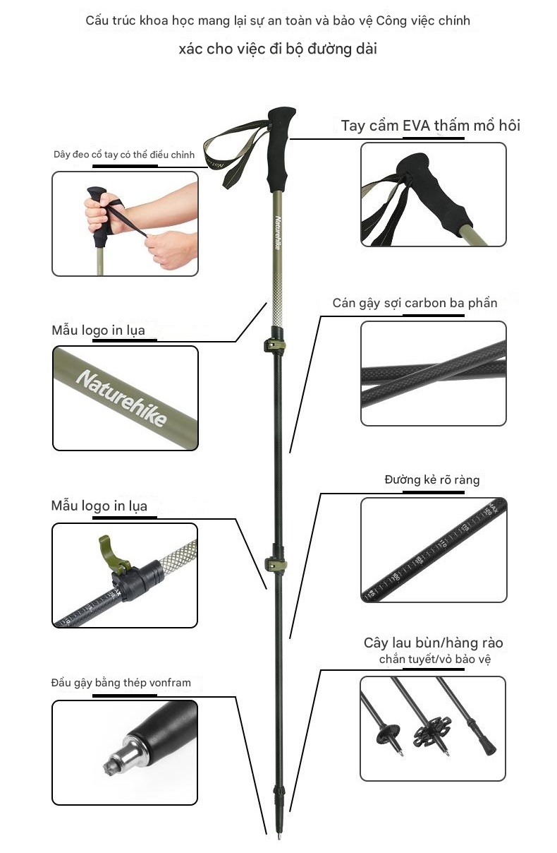 Gậy Leo Núi Trekking Sợi Carbon Siêu Nhẹ Naturehike CNK2300DS010 Gậy Hiking Đi Bộ 135 cm