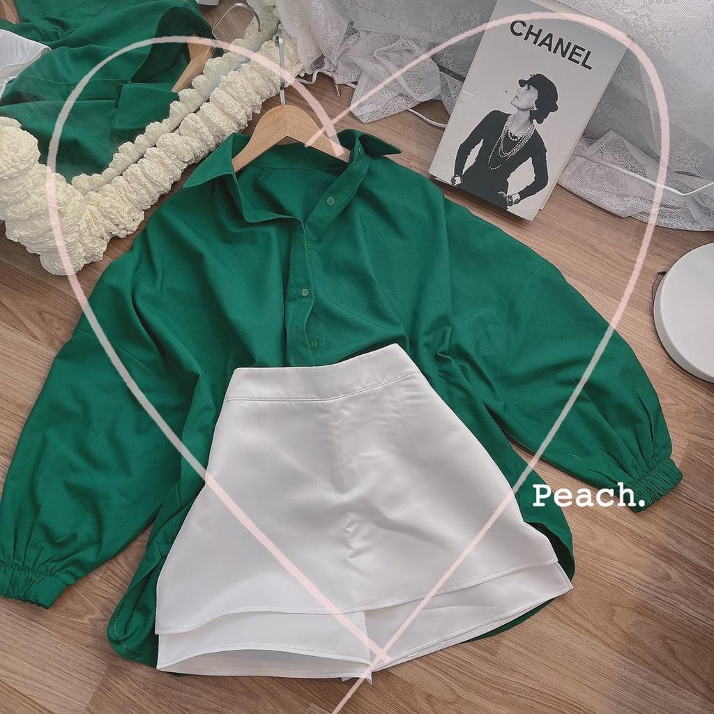 Set áo sơmi xanh tay bo tà lệch phối quần short trắng